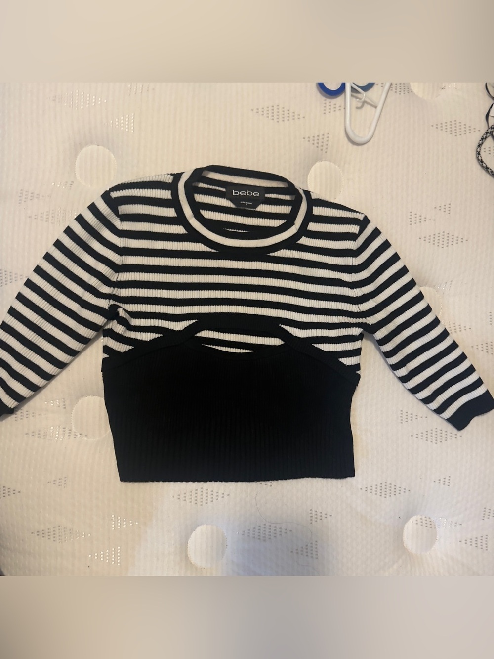 bebe Black and White Striped Rib-Knit Cutout Crop Top